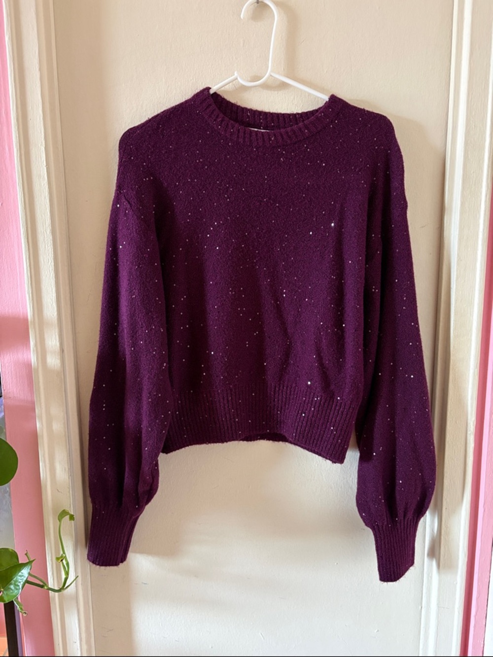 Old Navy Plum Purple Sequin Crewneck Sweater with Bishop Sleeves